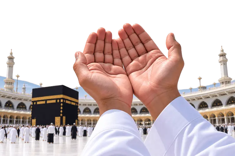 Tangan berdoa berlatar belakang Kabah